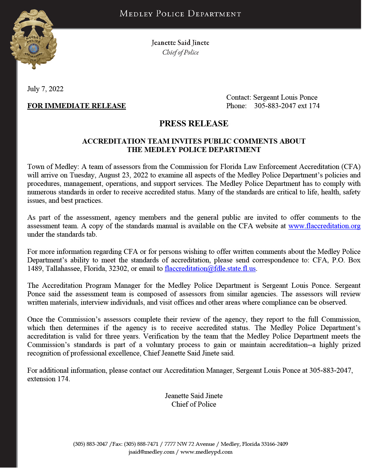 Image Of Florida Law Enforcement Accreditation Press Release